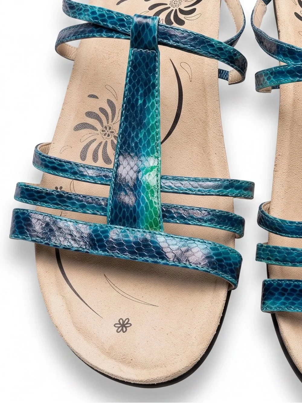 ABEO BioSystem Blue Metallic Snakeskin T Strap Comfort Sandals Women’s 11WP wide